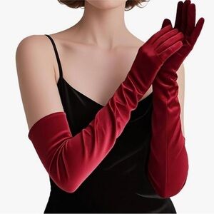 Elegant Fine Red Satin Opera Gloves New